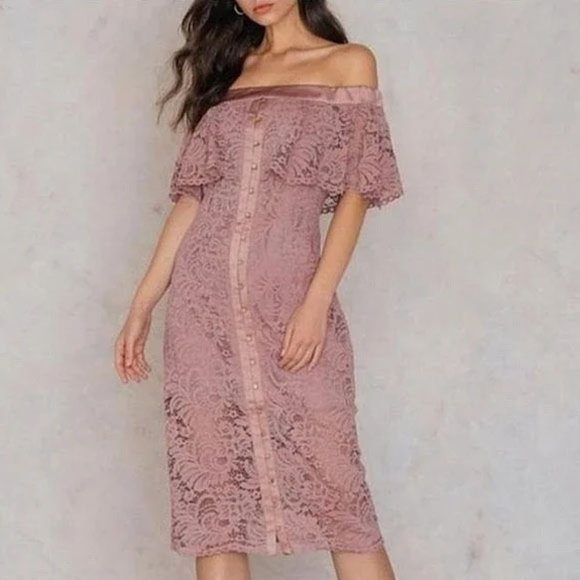 Keepsake The Label Blush Star Crossed Off Shoulder Lace Midi Dress S Mauve Pink - Picture 3 of 15